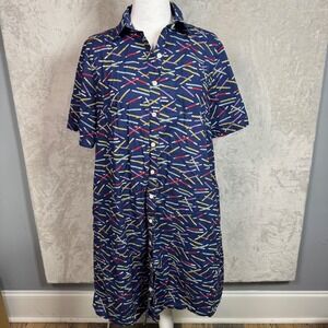 Frock Shop Pencil Print Button Front Shirt Dress L Navy Blue Short Sleeve Cotton